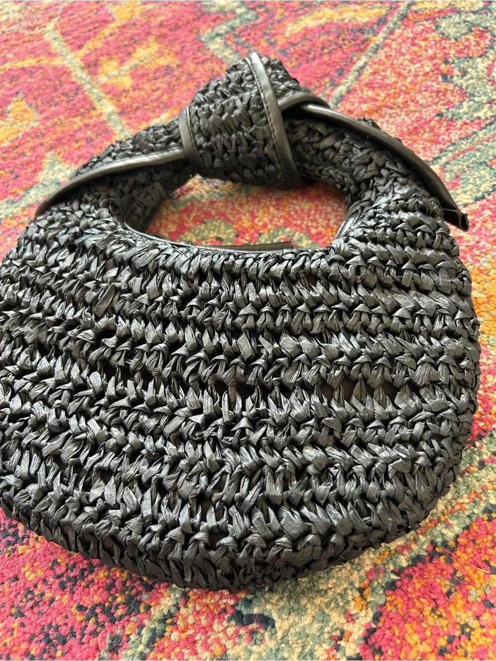 No Brand | Women’s Black Woven Straw Small Round Clutch Top Zip Handle Knot OS